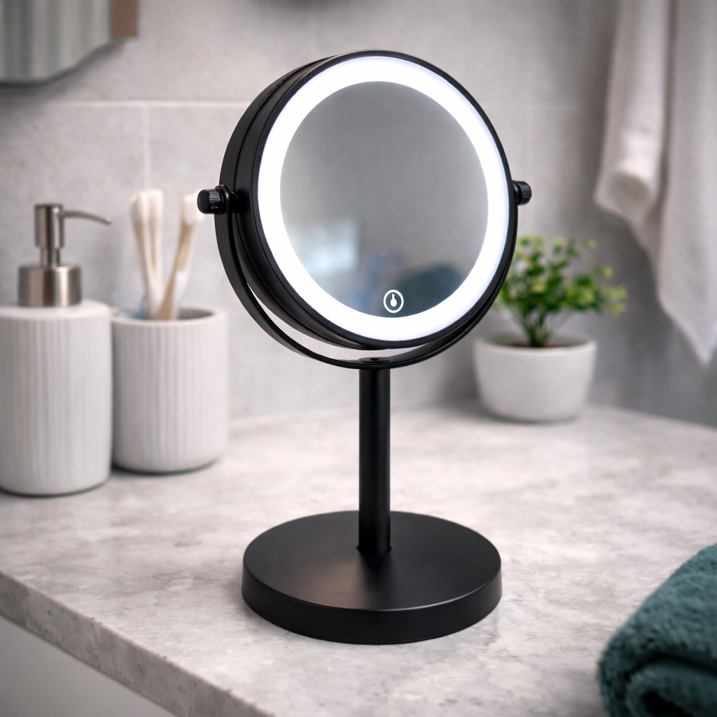 Makeup Speil m/Forstørrelse X5 og X10 og LED-lys til Bord - Svart