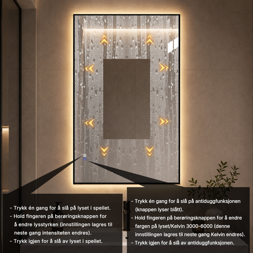 Rektangulært Speil med LED-lys og Antidugg 80x120 cm - Svart ramme 90º