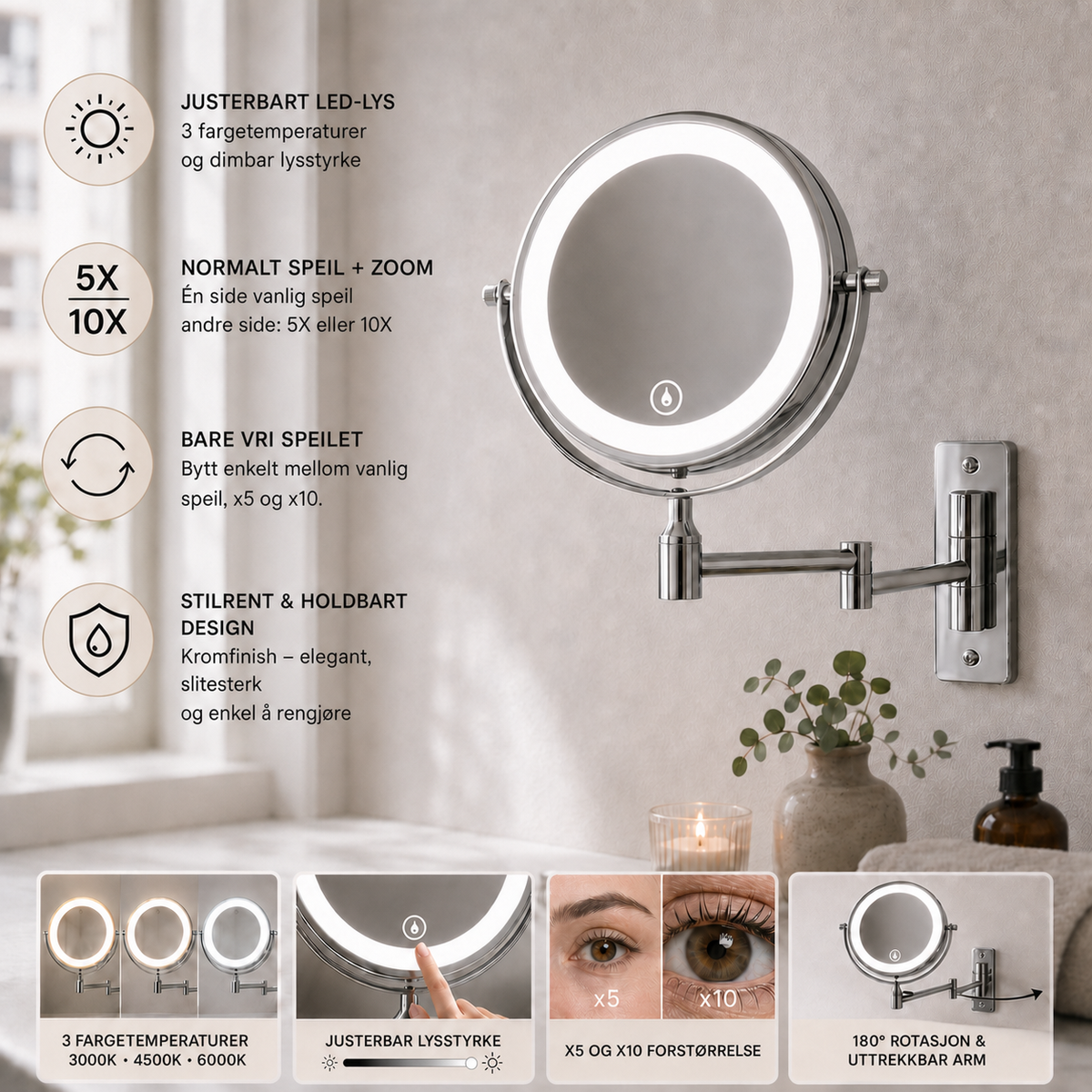 Makeup Speil m/X5 og X10 Forstørrelse og LED-lys til Vegg - Krom