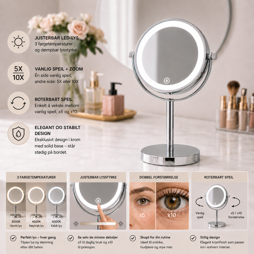 Makeup Speil m/Forstørrelse X5 og X10 og LED-lys til Bord - Krom