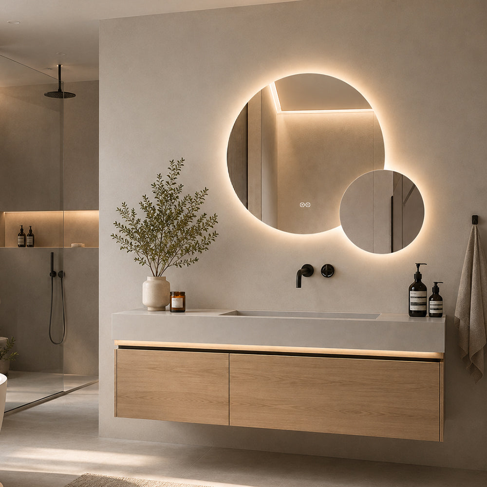 Dobbelt speil med LED-lys og Antidugg Ø80 + Ø40 cm (Venstrevendt)