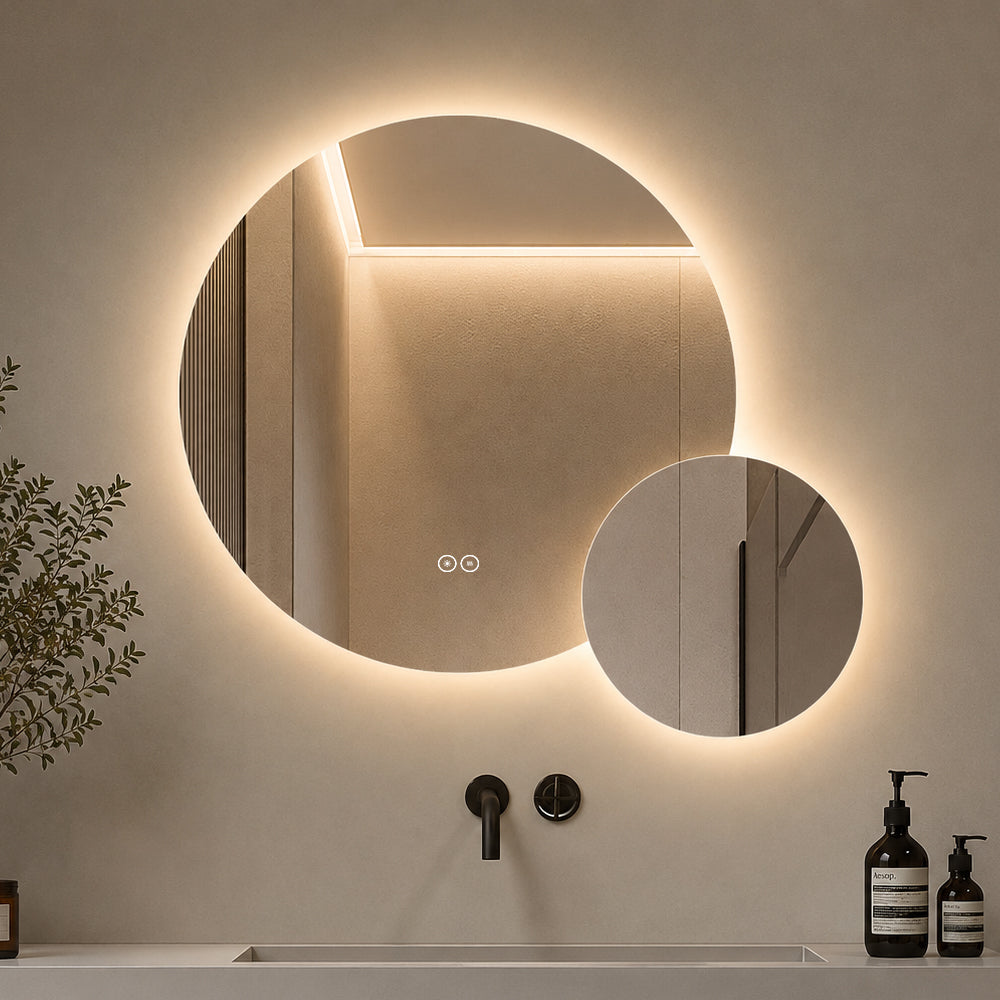 Dobbelt speil med LED-lys og Antidugg Ø80 + Ø40 cm (Venstrevendt)