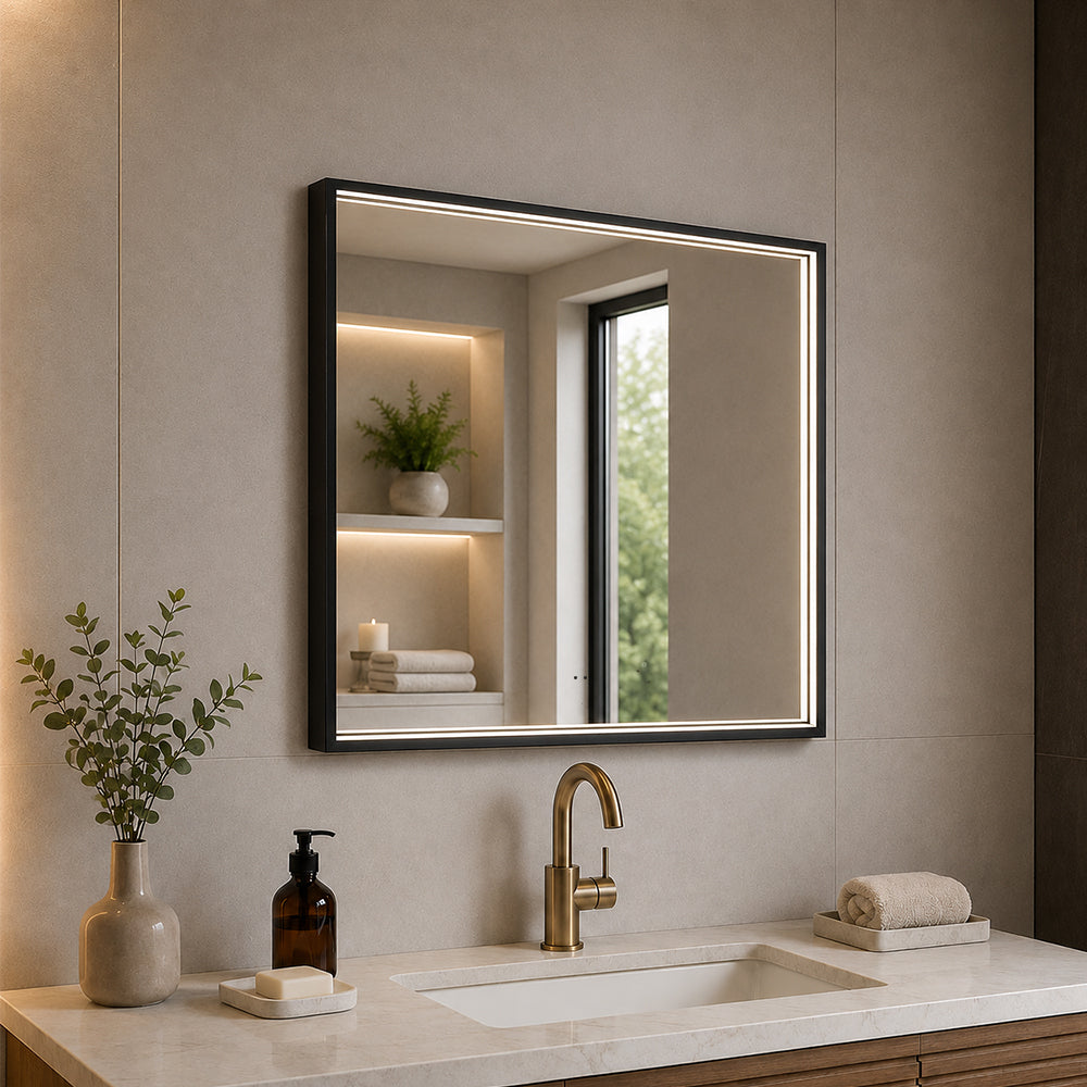 Firkantet Speil med LED-lys i Ramme og Antidugg 80x80 cm, Svart Ramme