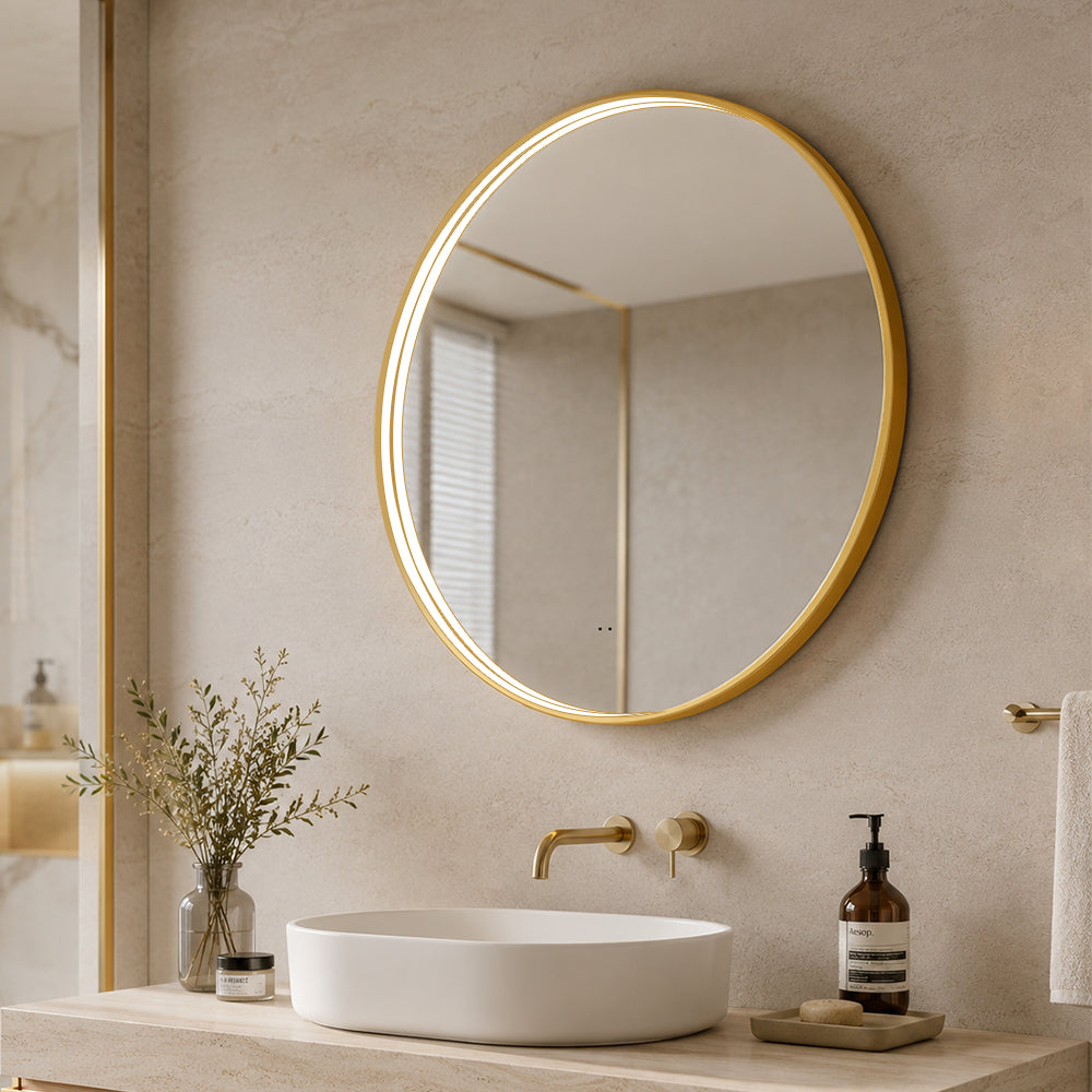Rundt Speil med LED-lys i Ramme og Antidugg Ø60, Gull Ramme