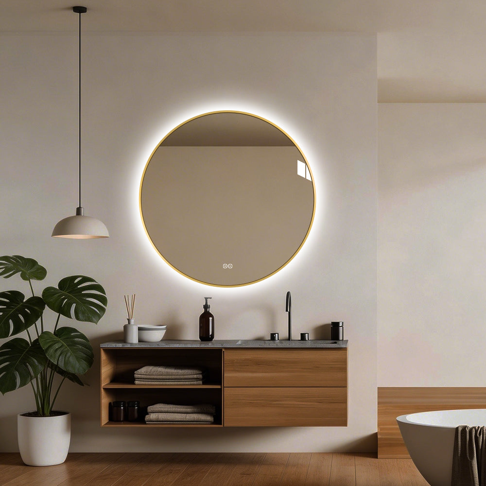 Rundt speil med LED-lys og antidugg Ø80 cm m/Gull Ramme
