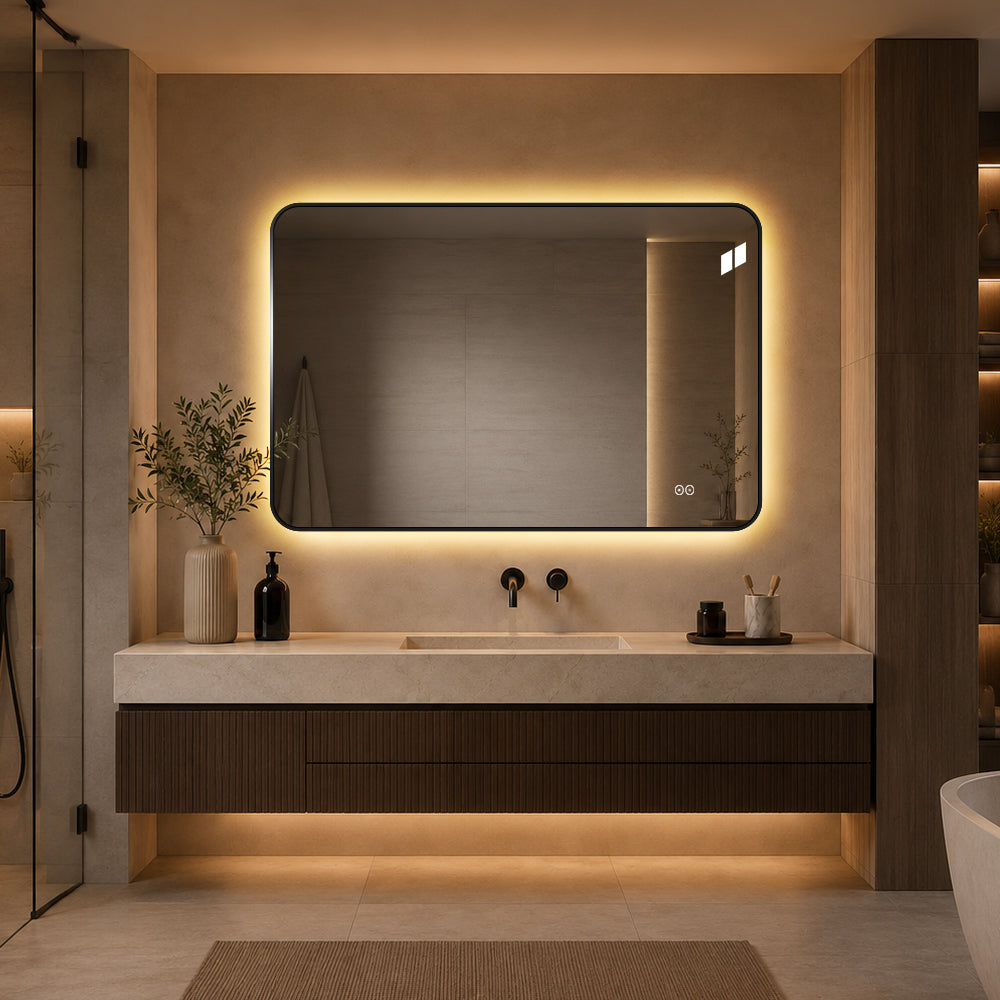 Rektangulært Speil, med LED-lys og Antidugg 120x80 cm - Svart ramme, runde hjørner
