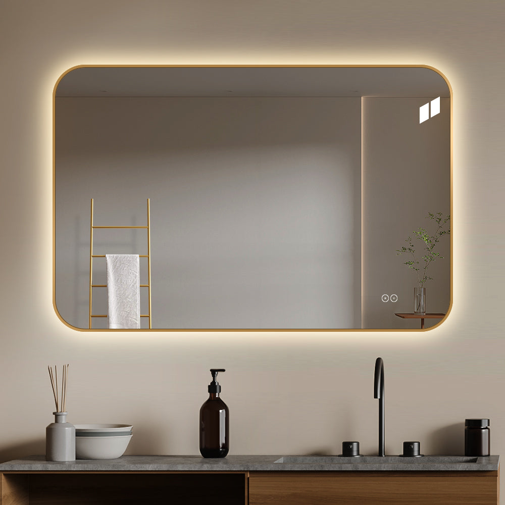 Rektangulært Speil, med LED-lys og Antidugg 120x80 cm - Gull ramme, runde hjørner