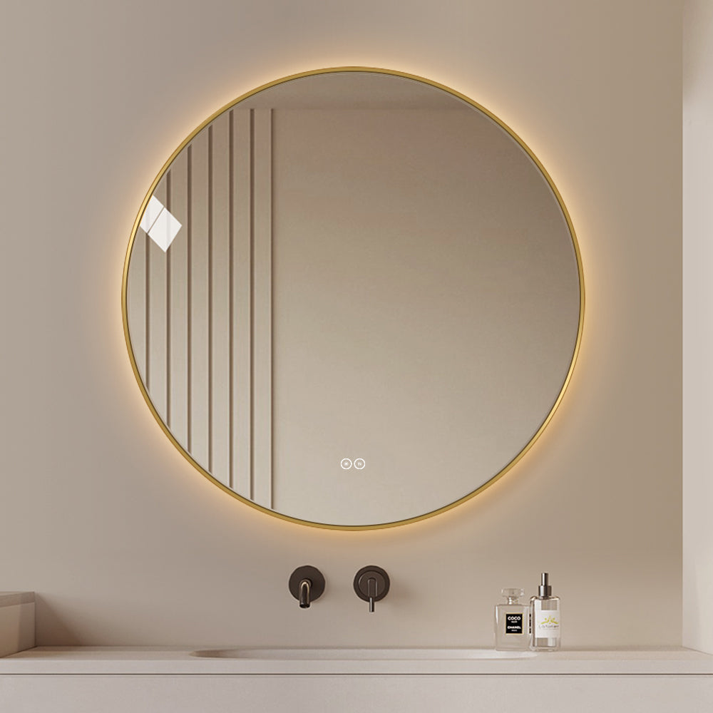 Rundt speil med LED-lys og antidugg Ø80 cm m/Gull Ramme