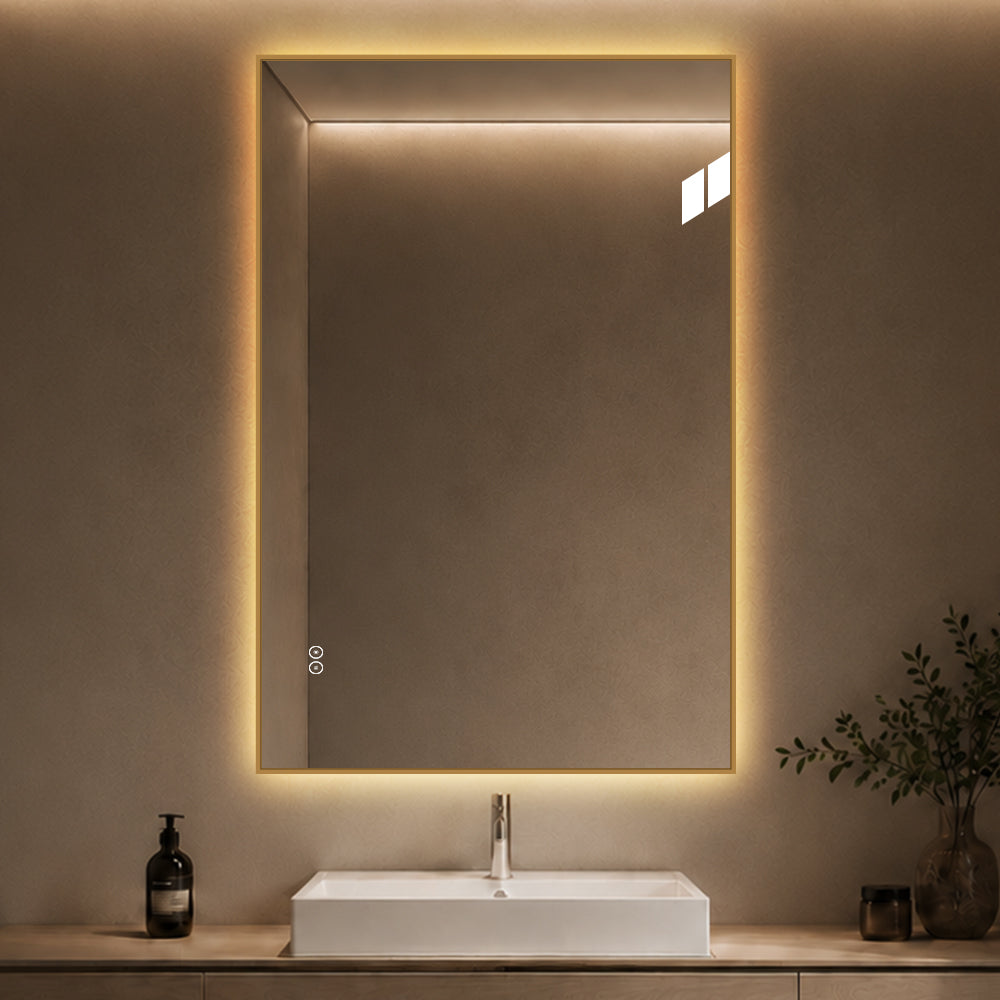 Rektangulært Speil med LED-lys og Antidugg 80x120 cm - Gull ramme 90º