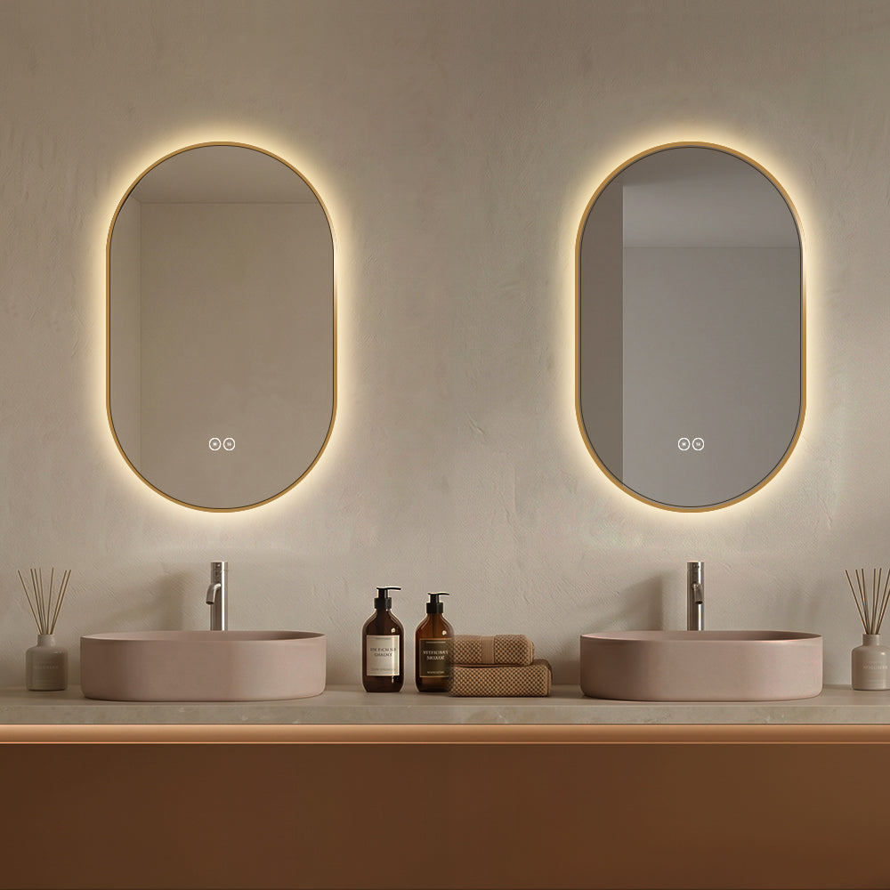 Ovalt Speil med LED-lys og Antidugg 50x80 cm m/Gull ramme