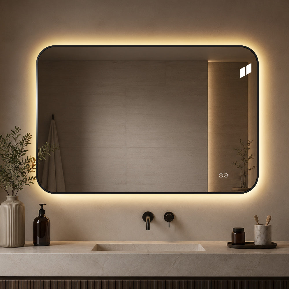 Rektangulært Speil, med LED-lys og Antidugg 120x80 cm - Svart ramme, runde hjørner