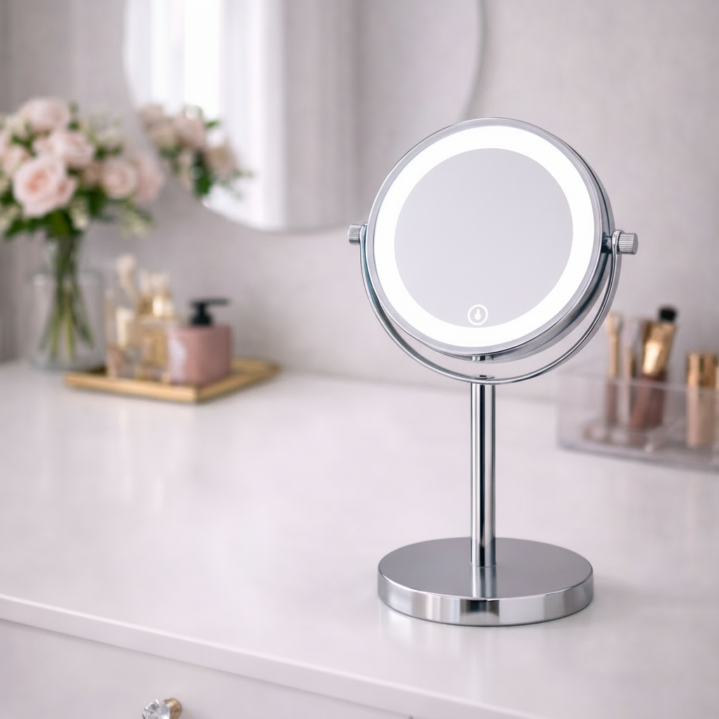 Makeup Speil m/Forstørrelse X5 og X10 og LED-lys til Bord - Krom