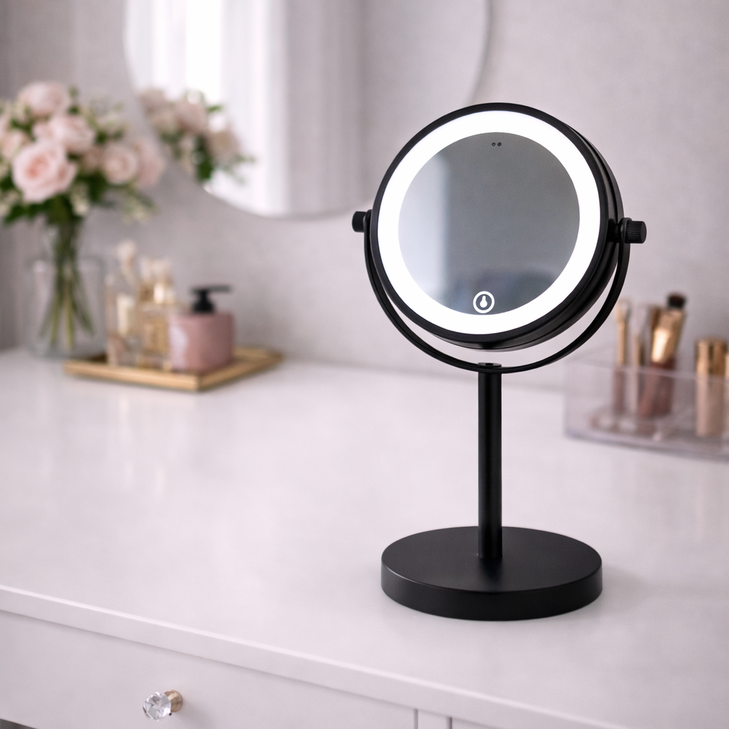 Makeup Speil m/Forstørrelse X5 og X10 og LED-lys til Bord - Svart