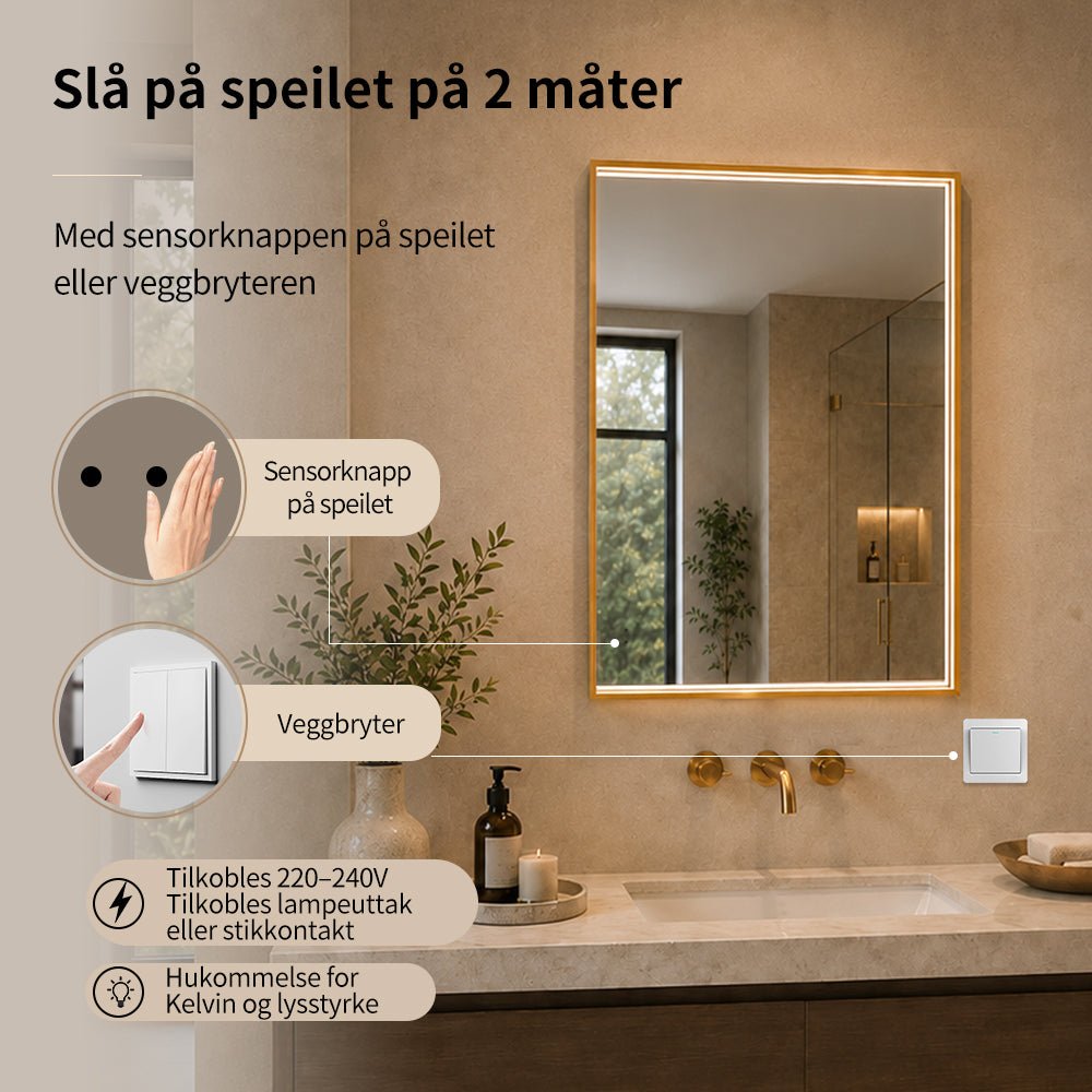 Rektangulært Speil med LED-lys i Ramme og Antidugg 60x80 cm, Gull Ramme