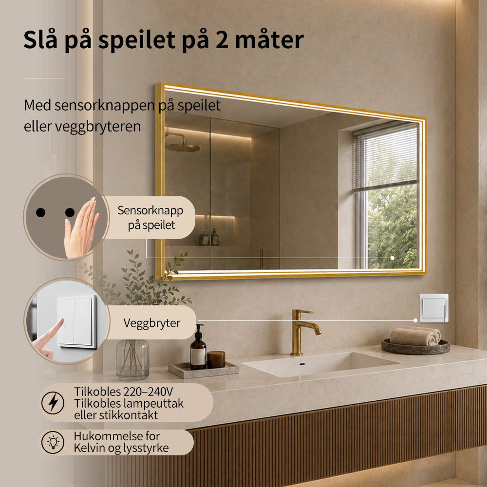 Rektangulært Speil med LED-lys i Ramme og Antidugg 120x80 cm, Gull Ramme