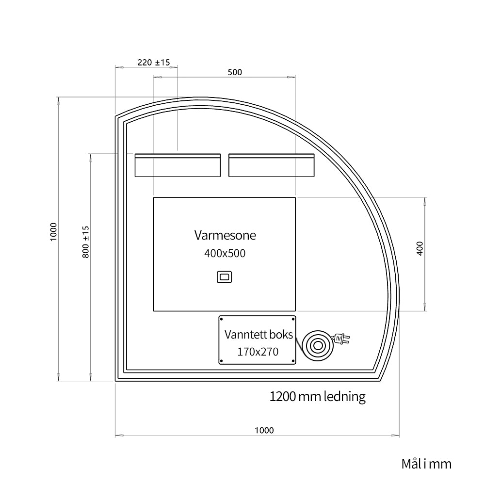 1/4 Rundt speil med LED-lys og Antidugg 100x100 cm (Venstrevendt)