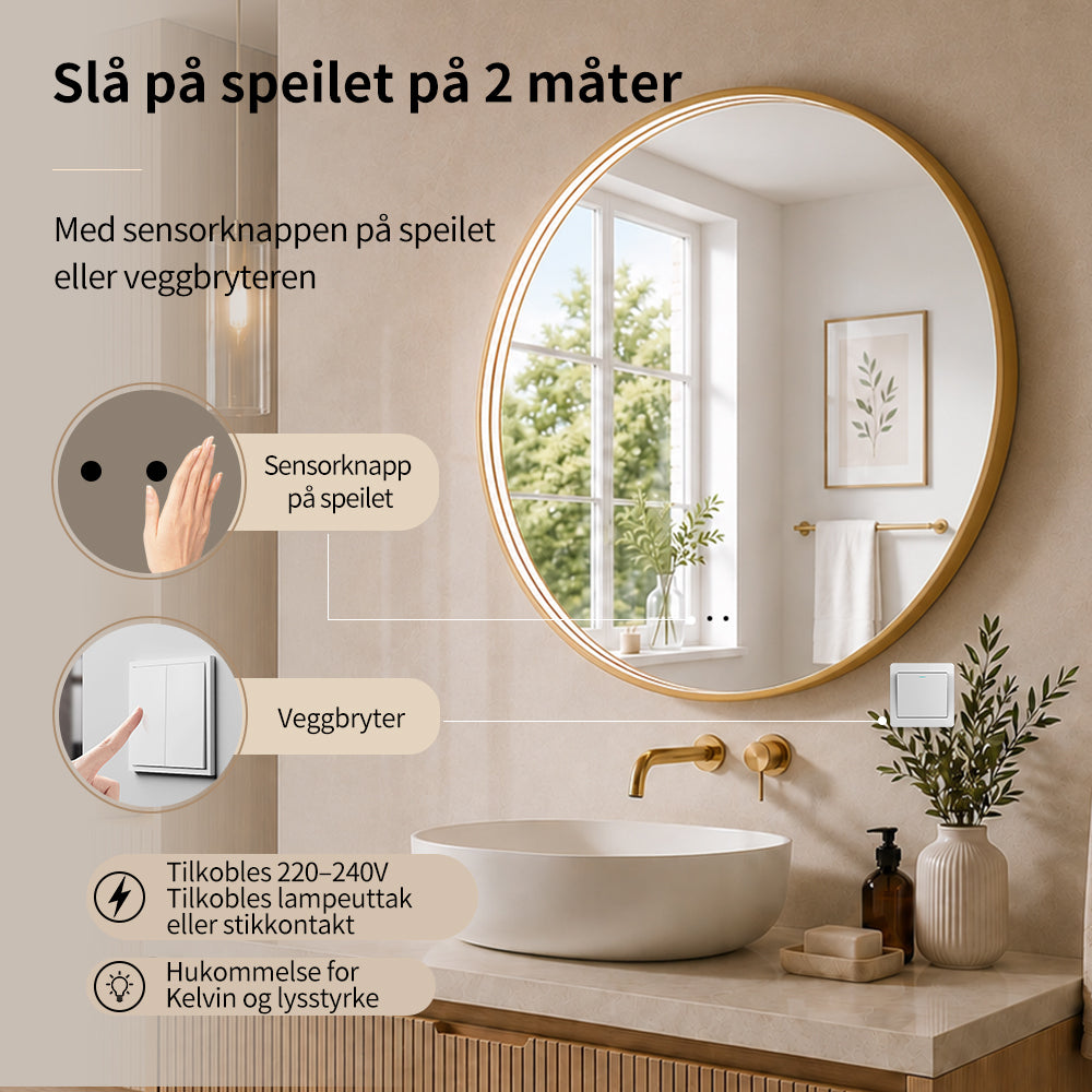 Rundt Speil med LED-lys i Ramme og Antidugg Ø90, Gull Ramme
