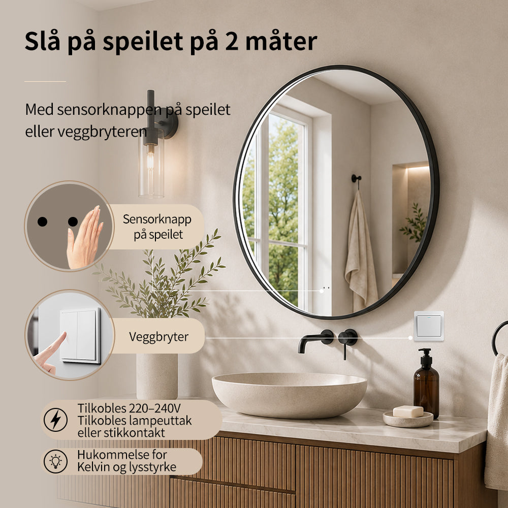 Rundt Speil med LED-lys i Ramme og Antidugg Ø90, Svart Ramme