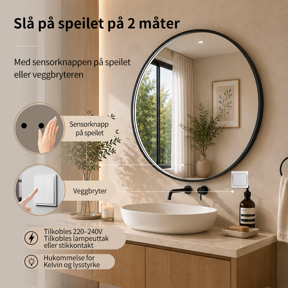 Rundt Speil med LED-lys i Ramme og Antidugg Ø100, Svart Ramme