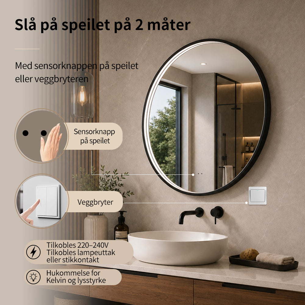 Rundt Speil med LED-lys i Ramme og Antidugg Ø80, Svart Ramme