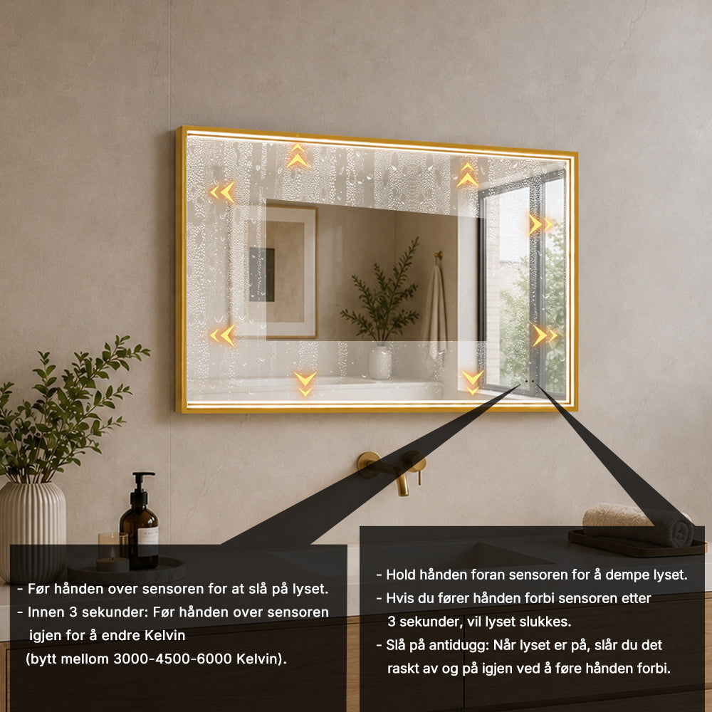 Rektangulært Speil med LED-lys i Ramme og Antidugg 80x60 cm, Gull Ramme