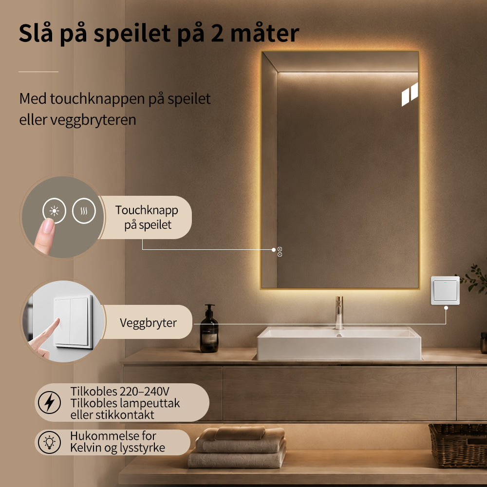 Rektangulært Speil med LED-lys og Antidugg 80x120 cm - Gull ramme 90º