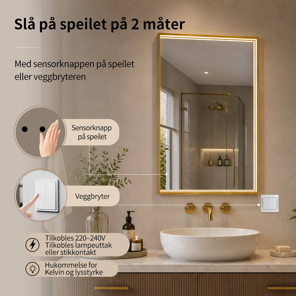 Rektangulært Speil med LED-lys i Ramme og Antidugg 80x120 cm, Gull Ramme