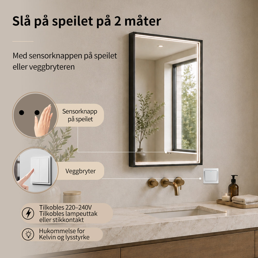 Rektangulært Speil med LED-lys i Ramme og Antidugg 50x80 cm, Svart Ramme