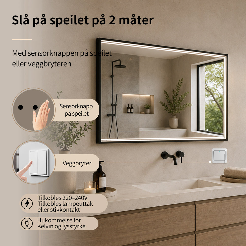 Rektangulært Speil med LED-lys i Ramme og Antidugg 80x60 cm, Svart Ramme