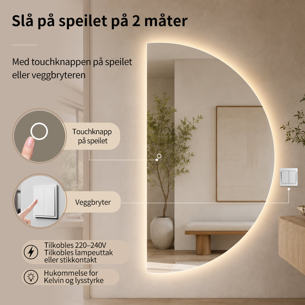 Halvsirkelformet speil med LED-lys 100x180 cm (Høyrevendt)