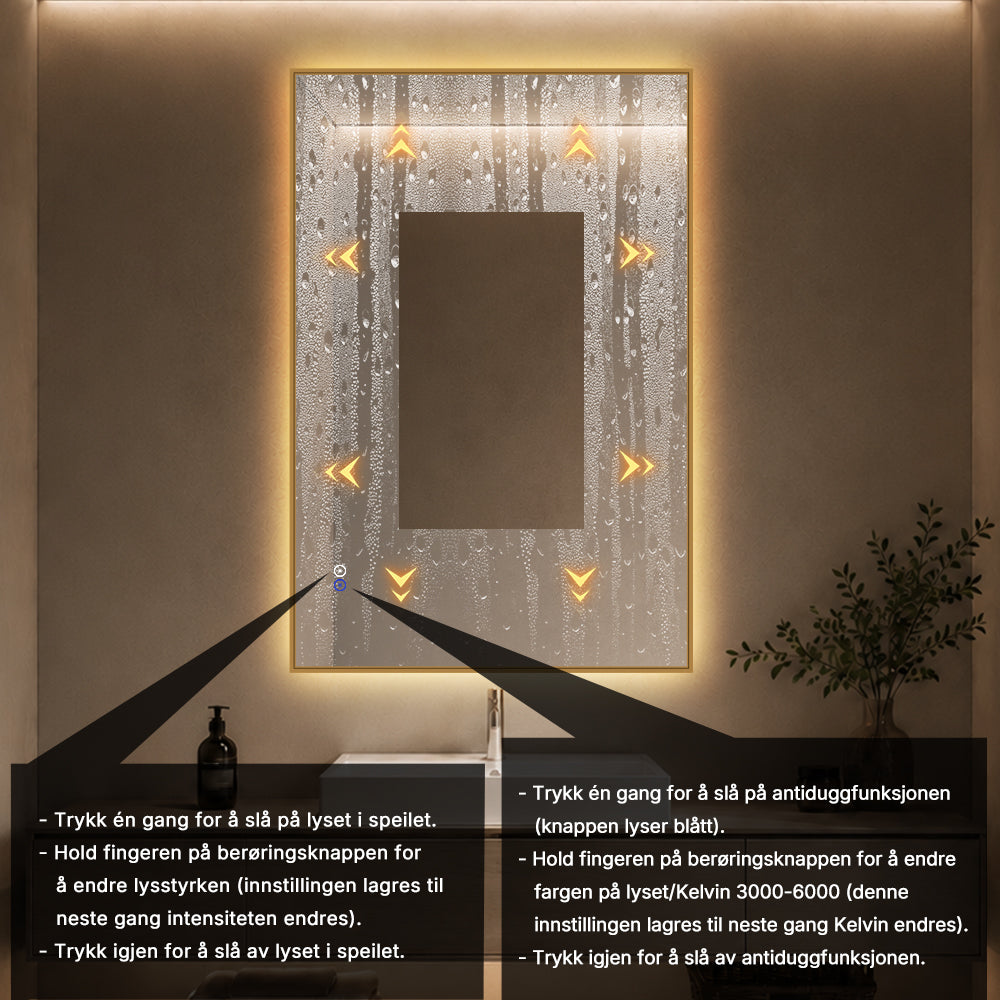 Rektangulært Speil med LED-lys og Antidugg 80x120 cm - Gull ramme 90º