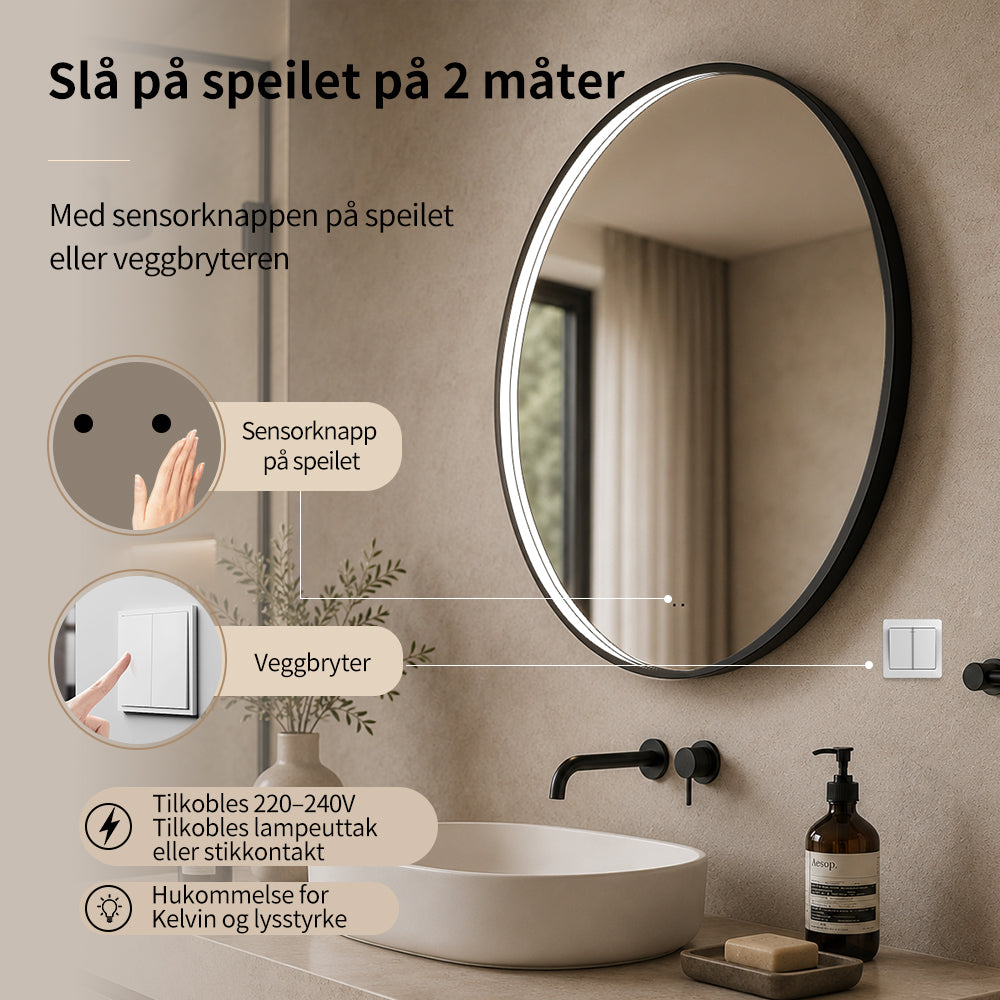 Rundt Speil med LED-lys i Ramme og Antidugg Ø60, Svart Ramme