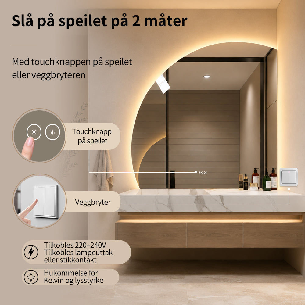 1/4 Rundt speil med LED-lys og Antidugg 100x100 cm (Venstrevendt)