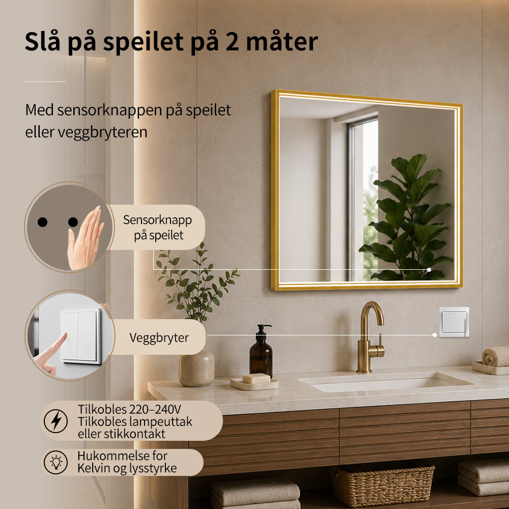 Firkantet Speil med LED-lys i Ramme og Antidugg 80x80 cm, Gull Ramme