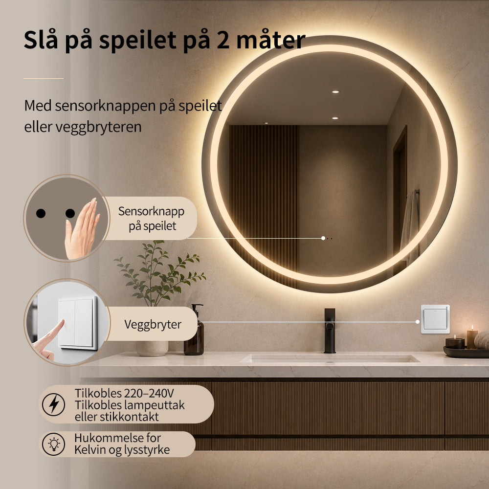 Rundt Speil med Frontlight LED-lys og Antidugg Ø80 cm
