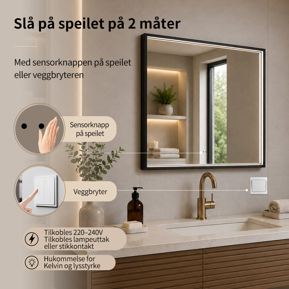 Firkantet Speil med LED-lys i Ramme og Antidugg 80x80 cm, Svart Ramme