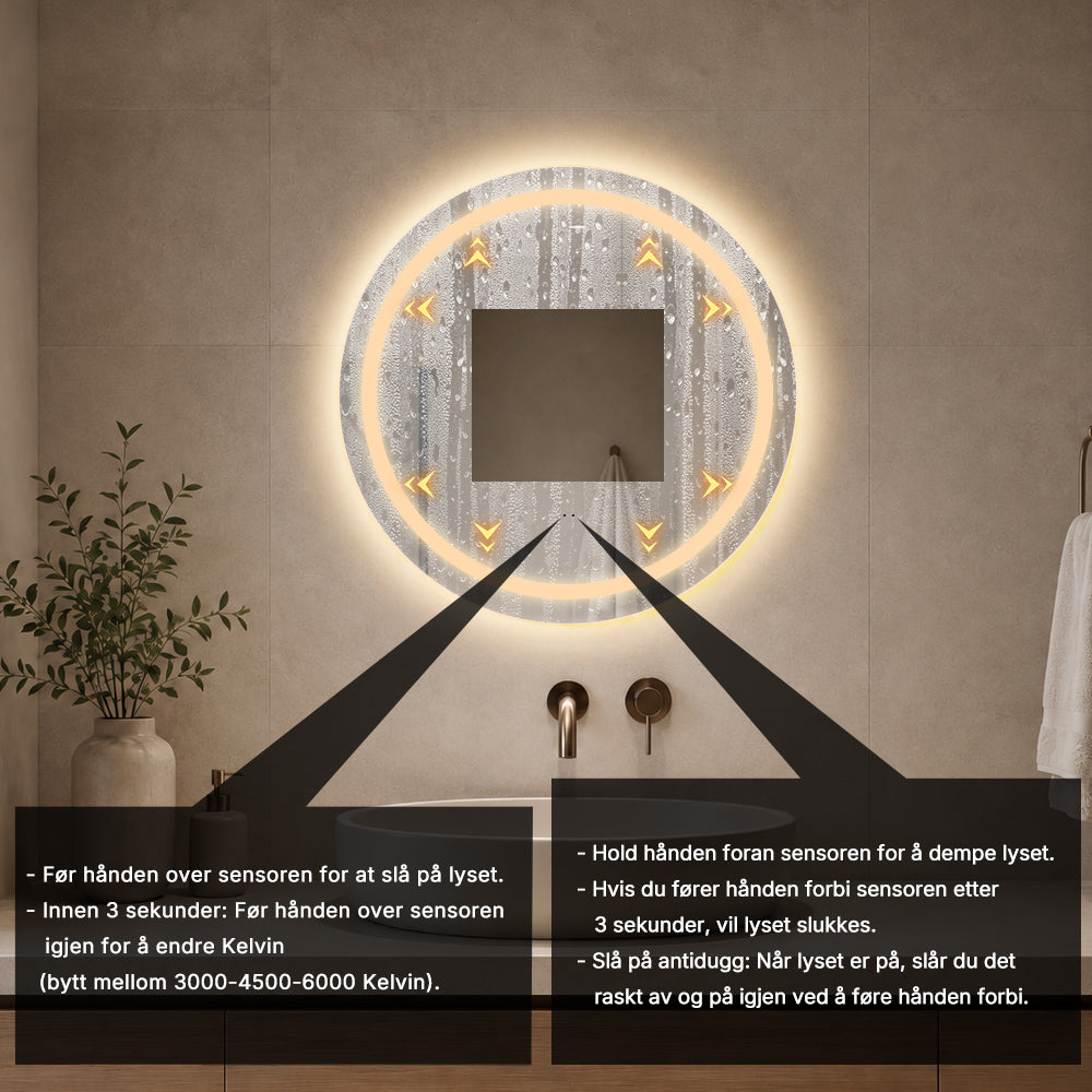 Rundt Speil med Frontlight LED-lys og Antidugg Ø60 cm