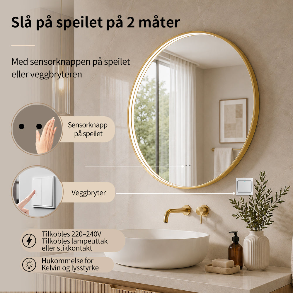Rundt Speil med LED-lys i Ramme og Antidugg Ø80, Gull Ramme