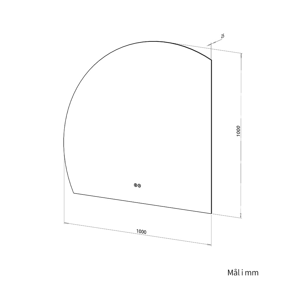 1/4 Rundt speil med LED-lys og Antidugg 100x100 cm (Venstrevendt)