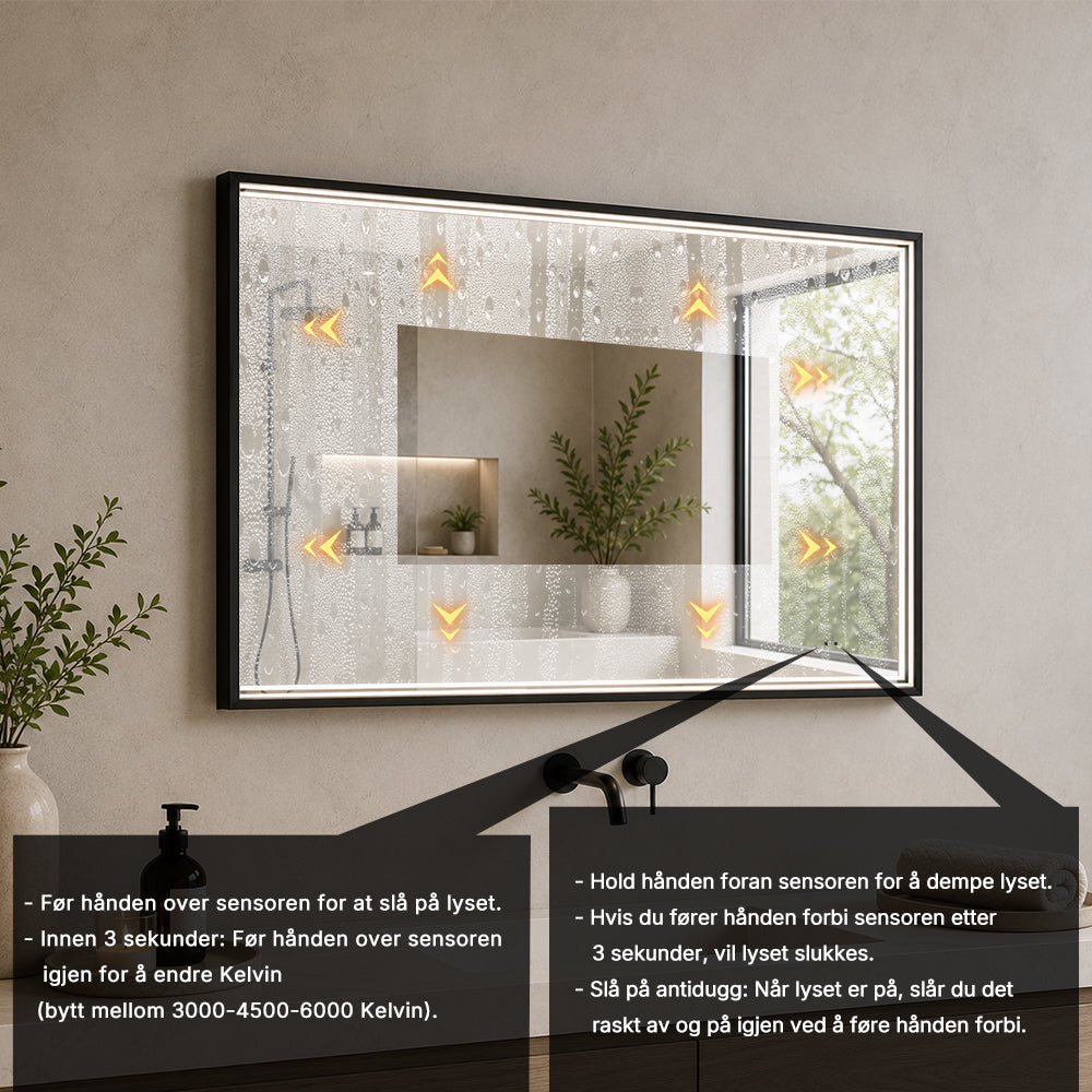 Rektangulært Speil med LED-lys i Ramme og Antidugg 80x60 cm, Svart Ramme