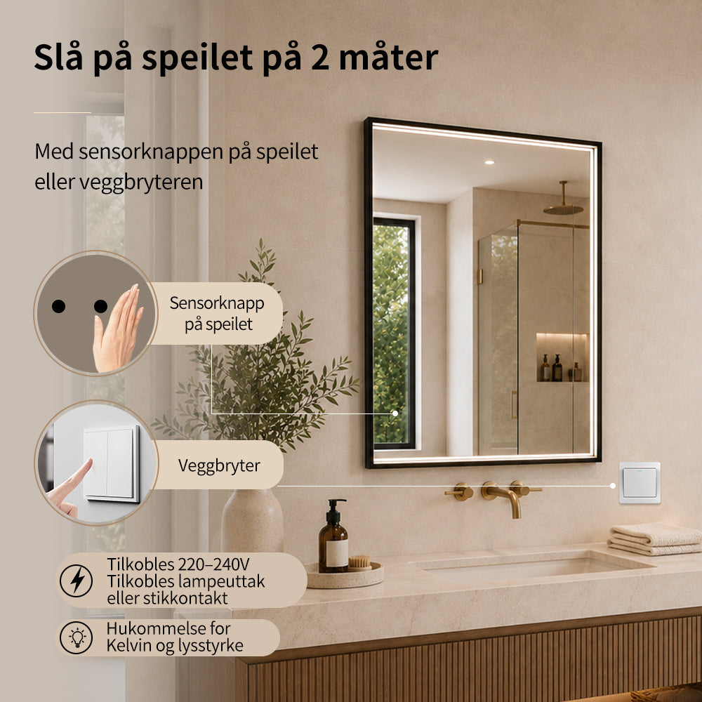 Rektangulært Speil med LED-lys i Ramme og Antidugg 60x80 cm, Svart Ramme