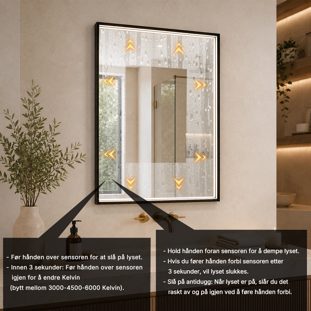 Rektangulært Speil med LED-lys i Ramme og Antidugg 60x80 cm, Svart Ramme