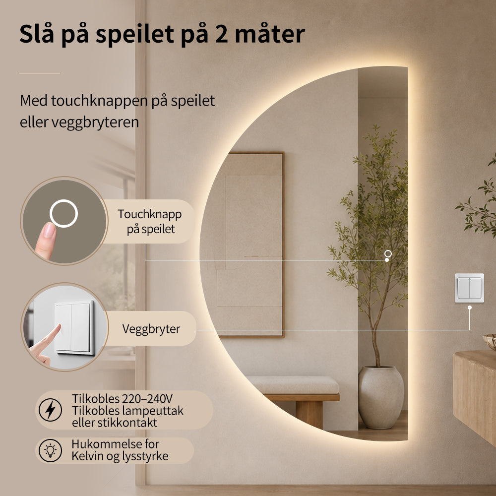 Halvsirkelformet speil med LED-lys 100x180 cm (Venstrevendt)