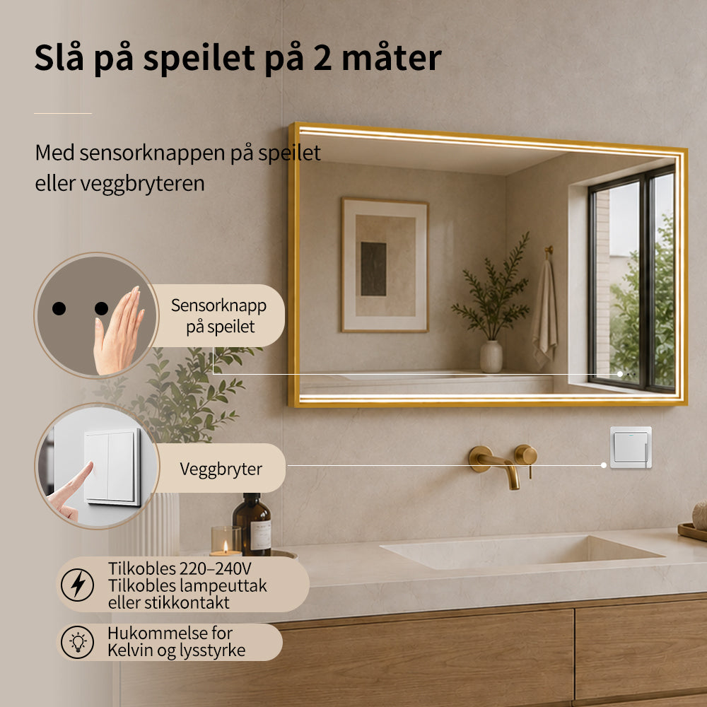 Rektangulært Speil med LED-lys i Ramme og Antidugg 80x60 cm, Gull Ramme