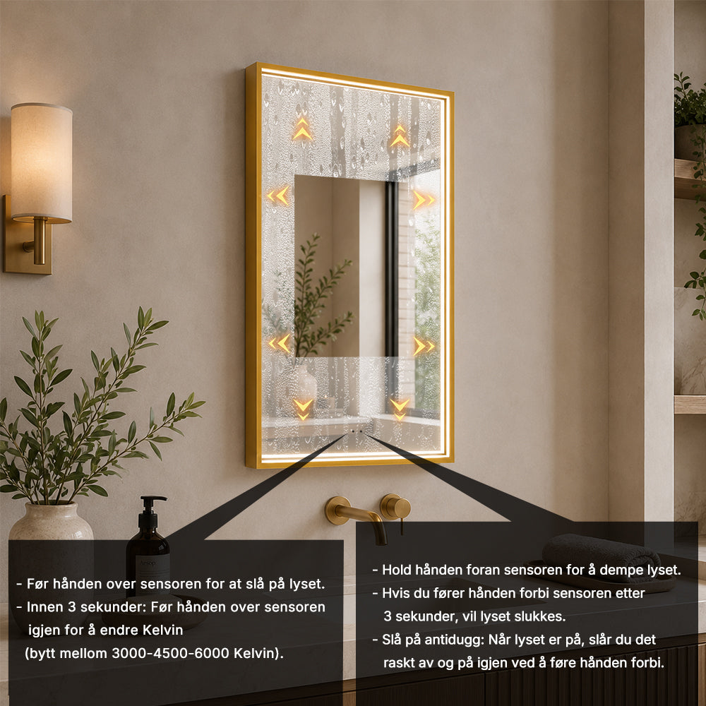 Rektangulært Speil med LED-lys i Ramme og Antidugg 50x80 cm, Gull Ramme