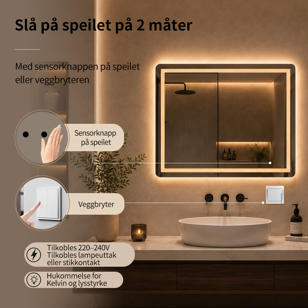 Firkantet Speil med Frontlight LED-lys og Antidugg 80x60 cm