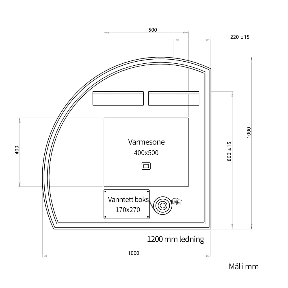 1/4 Rundt speil med LED-lys og antidugg 100x100 cm (Høyrevendt)