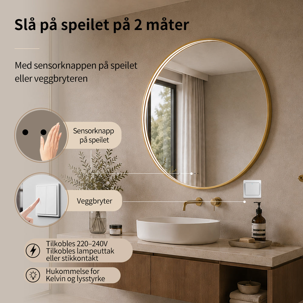 Rundt Speil med LED-lys i Ramme og Antidugg Ø100, Gull Ramme