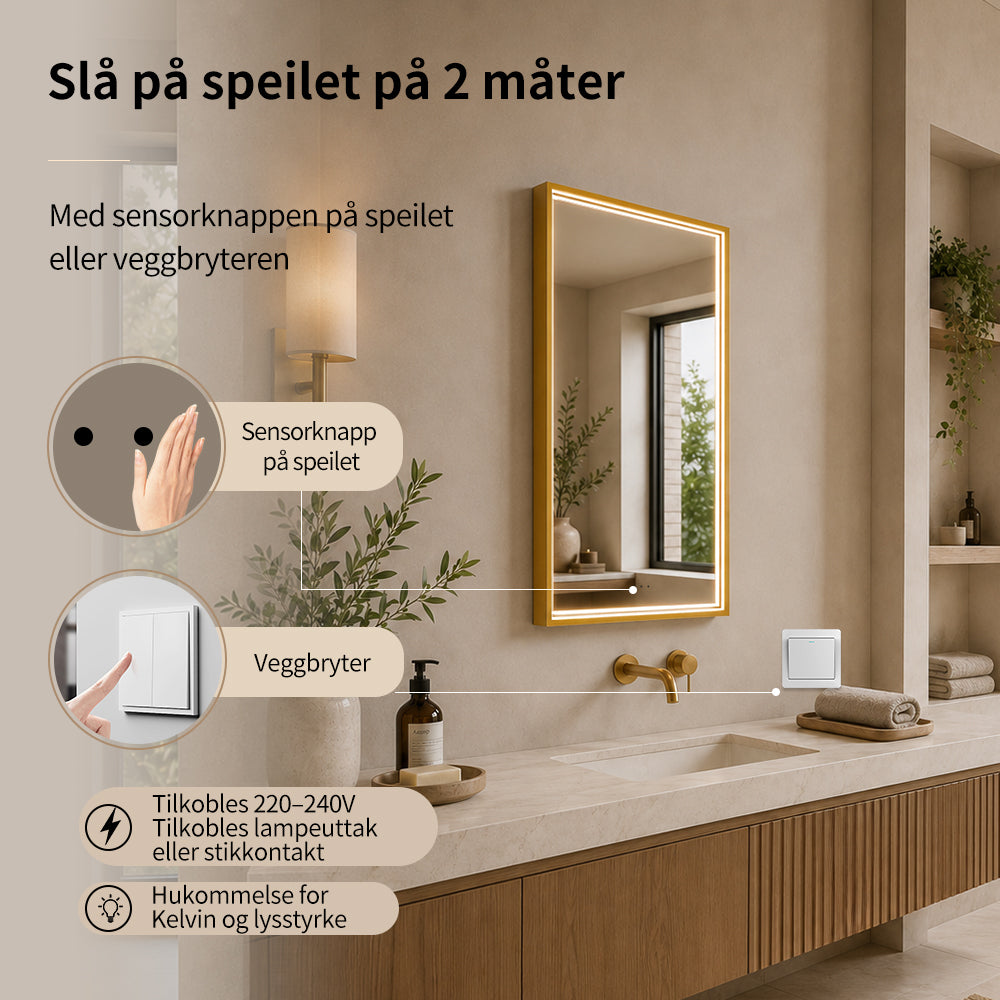 Rektangulært Speil med LED-lys i Ramme og Antidugg 50x80 cm, Gull Ramme