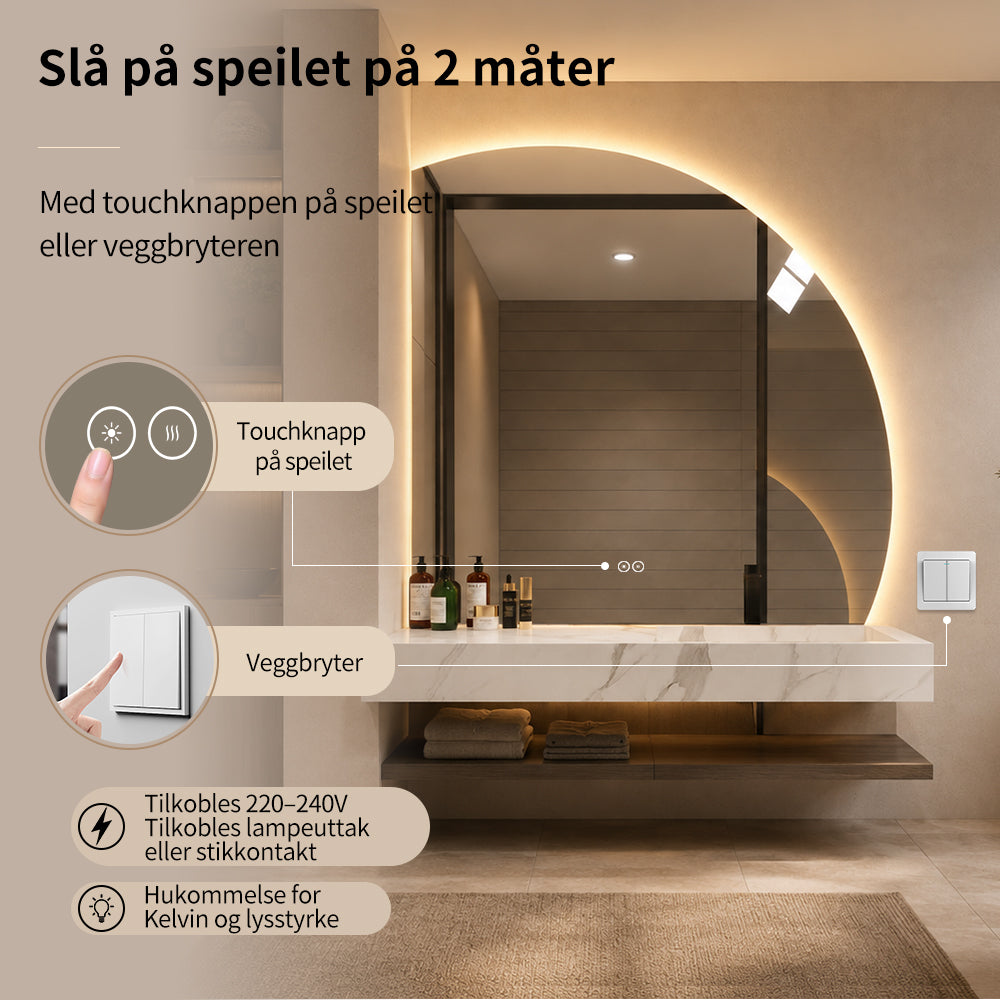 1/4 Rundt speil med LED-lys og antidugg 100x100 cm (Høyrevendt)